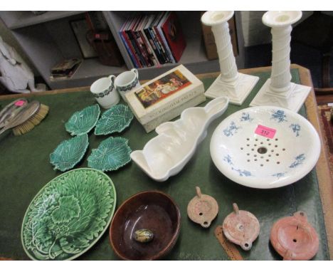 A pair of Leedsware cream ceramic candlesticks, mixed china and other items to include a Villeroy and Boch ceramic jelly moul
