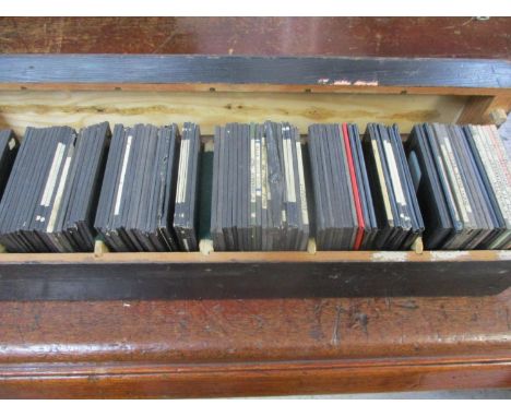 A box of approximately 110 magic lantern slides, a diverse group of subject matter includes street views, landscapes and peop