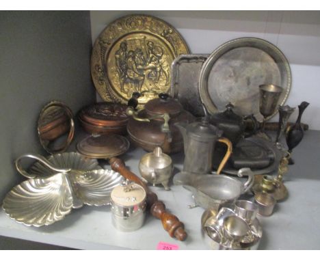 Metalware to include a copper kettle, a 19th century pewter hip flask and teapot, along with other items 