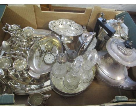 A quantity of miscellaneous silver  plate and metalware to include a pocket watch, a teapot, a pierced raised dish and other 