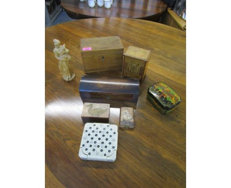 A group of boxes to include a tea caddy, a glove box and a Russian box, along with a Swiss carved, wooden figurine, a solitai