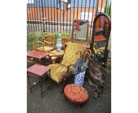 A mixed lot to include a cheval mirror, stick stand, a brass firescreen, a dressing table mirror, chairs and other items 