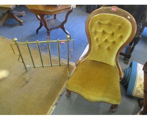 A Victorian walnut spoon button back salon chair, together with a brass framed firescreen with inset glass panels 