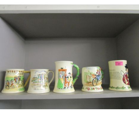 Five Crown Devon pottery musical mugs to include Daisy Bell depicting figures on a tandem bicycle 