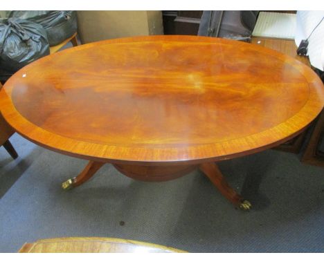 A reproduction mahogany oval coffee table, with twin turned columns on splayed legs, a reproduction mahogany Pembroke table a