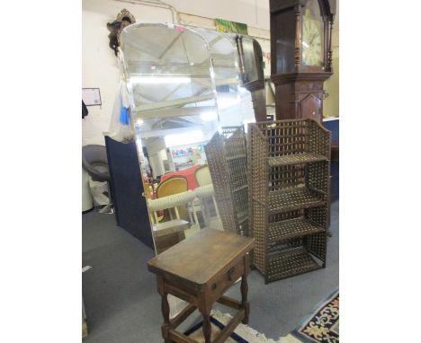 An Edwardian style large tri-fold mirror, together with a modern folding shelf unit and a small oak table with a single drawe