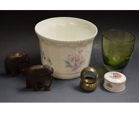A Caithness green vase, engraved with squirrel; a pair of silver napkin rings; an Aynsley Little Sweetheart jardiniere; a pai