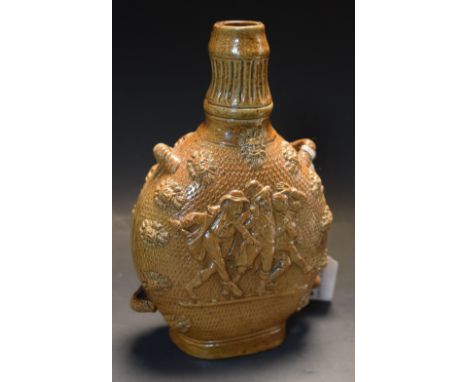 A 19th century brown salt glazed stoneware flask, sprigged with three merry figures within a band of lion masks, to verso wit