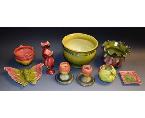 Bretby - an ovoid planter, moulded banding, glazed in tones of olive green, 16cm high, impressed marks, model no. 2117E; an u