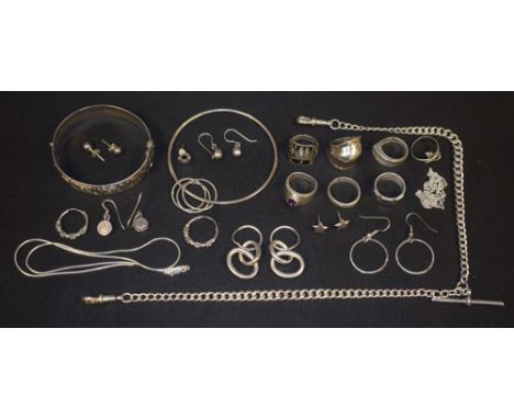 Silver Jewellery - a double Albert chain, T bar, loop terminals; a hinge bangle; assorted dress rings; etc quantity, 143g gro