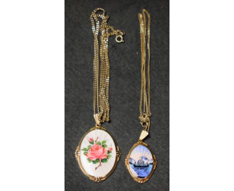 Norwegian Silver - an Arne Nordlie enamel silver pendant on chain, Viking ship; An Arne Nordlie enamel silver pendant, rose d