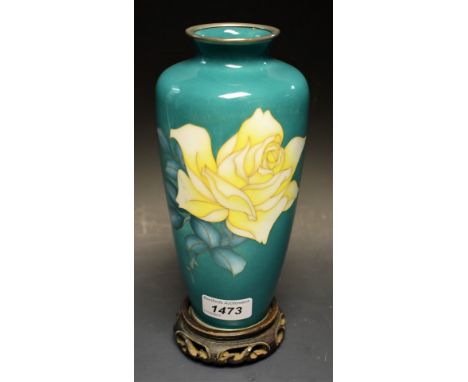 A Japanese cloisonné enamel inverted baluster vase, decorated with a yellow rose in alternating tones of polychrome, sea gree