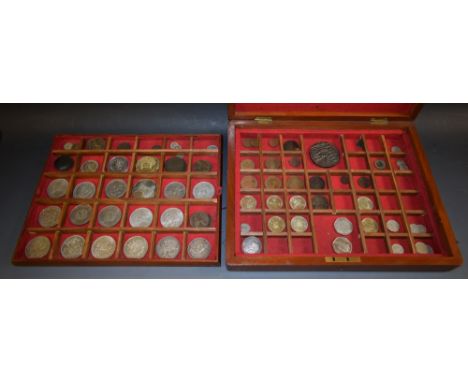 A collection of coins in timber box on two trays: UK crown coins, Queen Elizabeth II base metal mainly unc., also 1951, also 