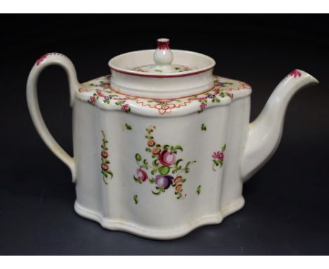A New Hall commode shaped teapot and cover,  painted in the famille rose palette with stylised foliage and ribbons, 16.5cm hi