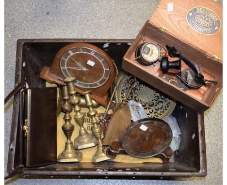 Boxes and Objects - a Smiths Art Deco mantel clock; another; brass candlesticks, vase, door furniture; etc.; quantity