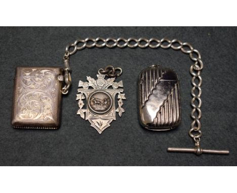 Silver - an Edwardian vesta case, Birmingham 1905, suspended from a silver Albert chain, T bar, marks worn;  a silver plowing