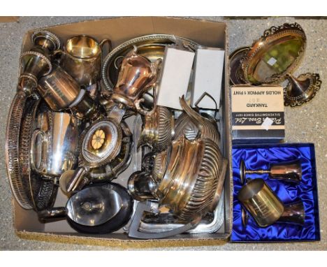 Metalware - a Victorian three piece plated tea service; others, trays, cups, wine coasters, etc qty