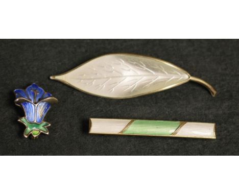 Norwegian Silver - a David Anderson leaf brooch, white enamel; a David Anderson gentian brooch; a silver enamel bar brooch, N