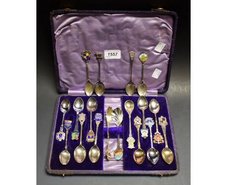 A silver souvenir teaspoon, six others with enamel crests; EP souvenir teaspoons; qty