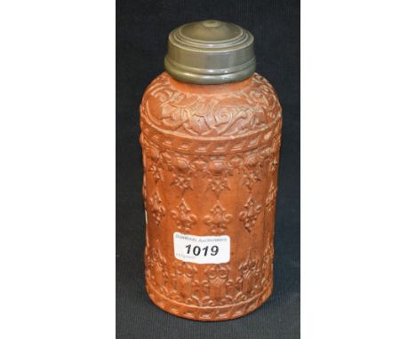 A salt glazed flask, pewter lid
