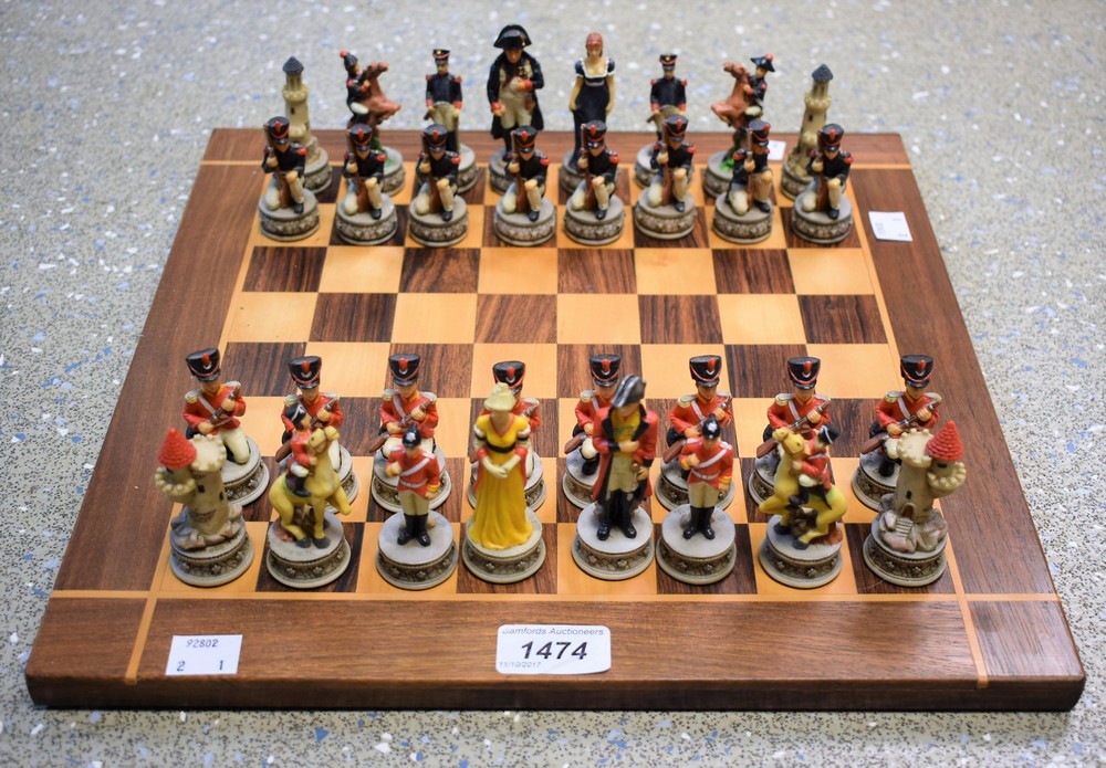 A Napoleon Battle of Waterloo chess set and board