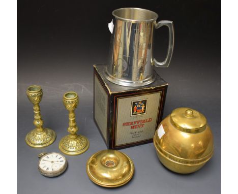 A silver pocket watch; a travelling candlesticks set; pewter tankard; a British Empire Exhibition lidded jar 