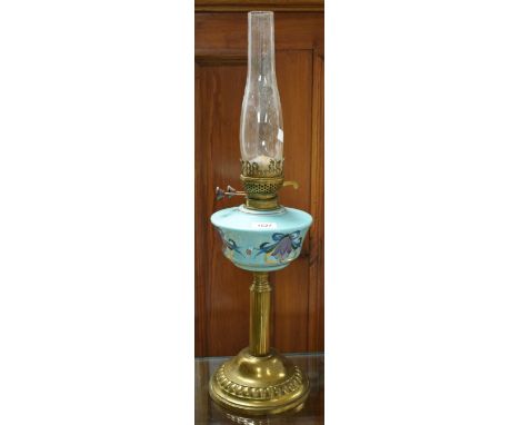 A Victorian oil lamp, brass column, Art Nouveau style bowl