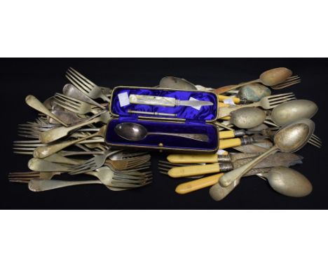 An early 20th century silver christening spoon, hallmarked, presentation case; a 19th century white metal propelling pencil; 