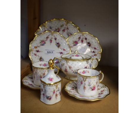 A pair of Royal Crown Derby Royal Antoinette coffee cans, saucers and side plates, second quality; others, sugar basin with c