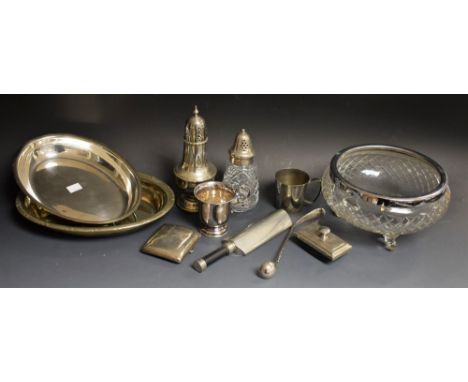 Silver & Plate - an George V silver cigarette case, Birmingham 1914;  a plated sugar caster; oval entree dish and cover,  cut