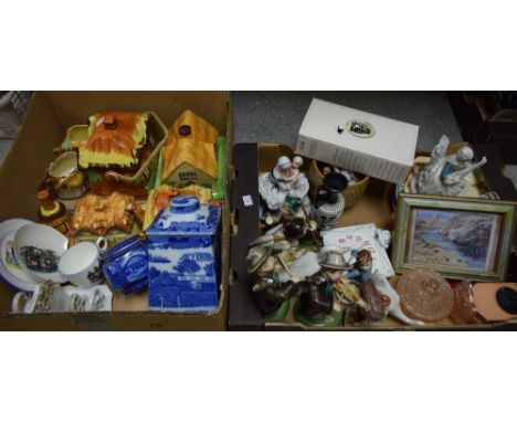 Ceramics - cottage ware butter dishes, teapot, biscuit barrel; Rington's blue and white transfer printed caddy and cover, ano