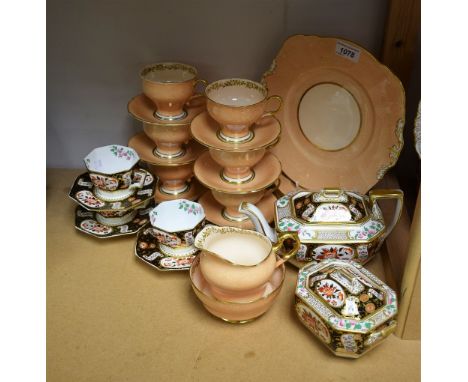 A late Victorian Wedgwood Imari palette part tea set, comprising teapot, sucriere and cover, three teacups, six saucers, c.18