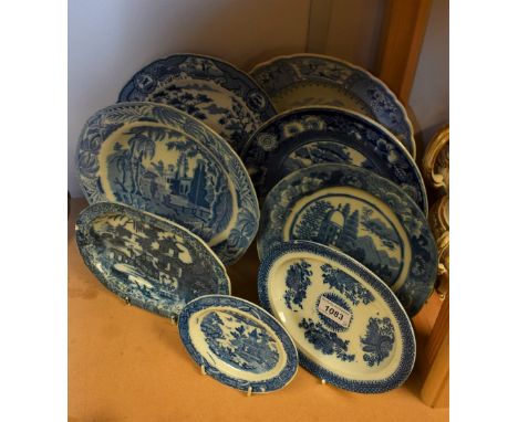Blue and White - an English Pearlware oval spoon dish, c.1810;  other, plates, including Spode, Davenport, with British Scene
