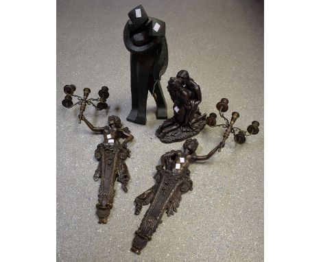 A pair of neoclassical style wall sconces as caryatids; a modern bronze effect figure group, The Lovers; a modern abstract sc