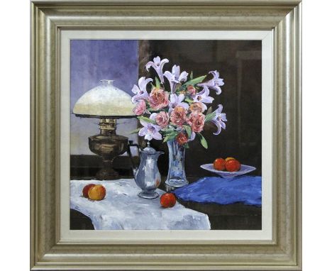 •AR Ian Piper (born 1941), "The Table Lamp and vase of flowers", oil on board, signed lower right and inscribed with title ve