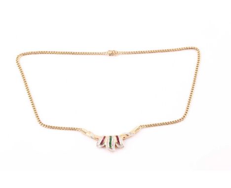 An emerald, ruby, and diamond triple leaf shape pendant necklace, to a yellow precious metal flat curb link chain, stamped '1