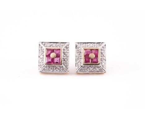 A pair of 9ct yellow gold, diamond, and ruby earrings, of square design, approximately 10 x 10 mm, marked 375, 2.5 grams.