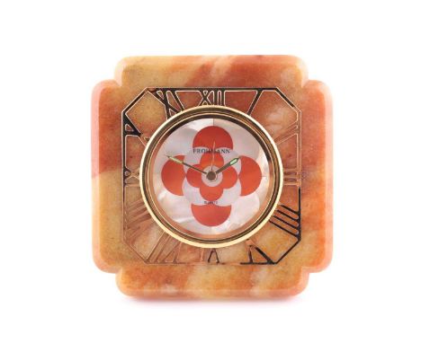 A shaped marble travelling timepiece, the mother of pearl scaled dial signed with retailers mark Frohmann, quartz movement, g