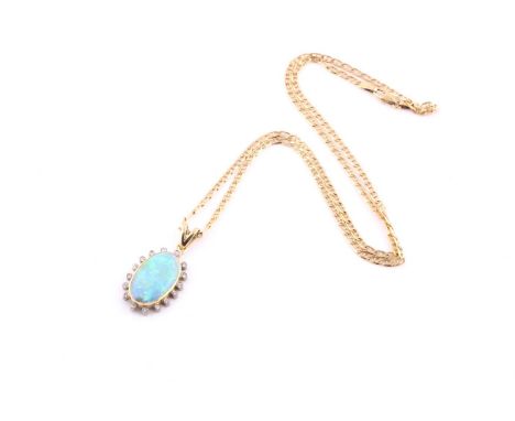 An 18ct yellow gold, opal and diamond pendant, within a surround of sixteen collet set round brilliant cut diamonds, to 9ct y