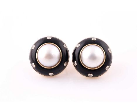 Trianon. A pair of enamel, pearl diamond, and enamel earrings; with half-pearls above a black enamel band set with six round 