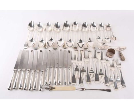 A mixed part canteen of silver fiddle pattern flatware, mixed makers and dates, and other items of flatware and silver-handle