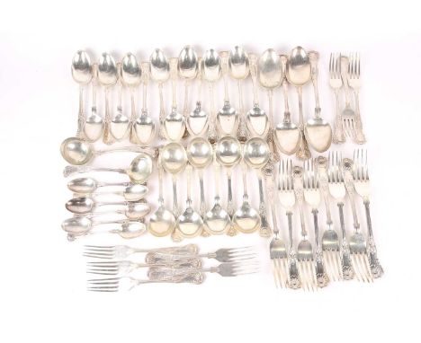 A mostly 20th-century silver "Kings Pattern" part canteen of flatware. Sheffield 1966 marked MDO (maker not found), and other