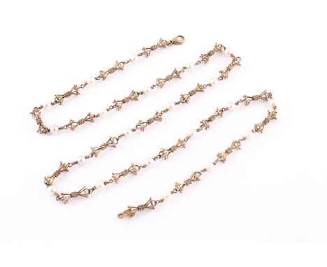 A 9ct yellow gold fancy-link and pearl necklace, the chain comprised of bow-shaped cage links with rope-twist detail, intersp