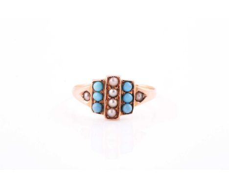 An 18ct yellow gold, pearl, and turquoise ring, set with cabochon turquoise and seed pearls, bearing indistinct marks to shan