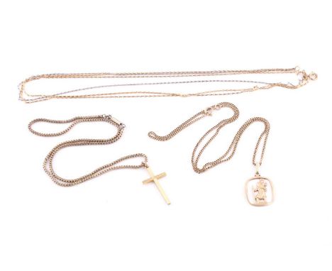 A 9 ct gold St Christopher of pierced rectangular form on yellow metal chain, the spring ring clasp stamped 375, a yellow met