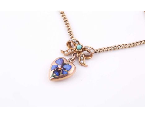 A yellow metal and enamel heart-shaped pendant, painted with a blue flower, beneath an associated 9ct yellow gold pearl and t