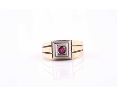 Single stone ruby ring, grain set to a stepped square white precious metal mount and yellow reeded shank, ruby 3.2mm diameter