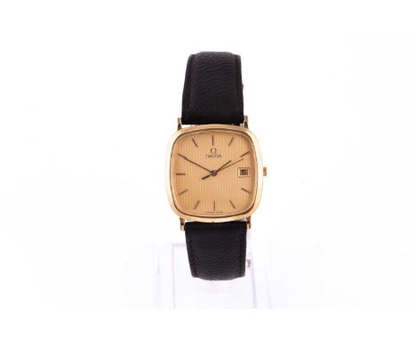 An Omega gold plated quartz wristwatch, the engine turned gilt dial with baton indices and date aperture, on a leather strap.