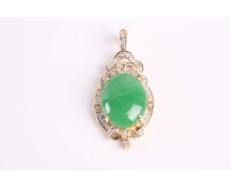 A yellow metal, diamond, and jade pendant, set with a round jade plaque, the stylised mount set with round brilliant-cut and 