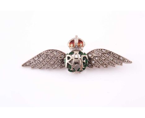 A RAF sweet heart brooch in yellow metal and enamel, the wings set with rose cut diamonds, stamped 9ct, 43 mm long, 3.8 grams